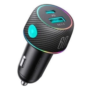 Multi-Color Car Charger with USB-A+USB-C 60W - Black